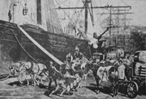 Illustration of Old Trade Ships at Port